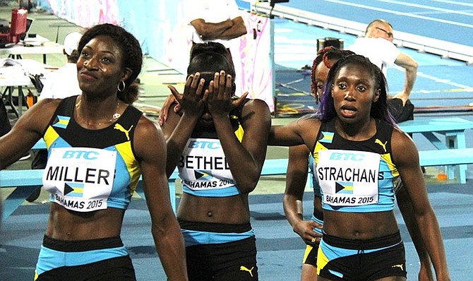 Shaunae Miller, Brianne Bethel and Anthonique Strachan after their dramatic 4 x 200m final.