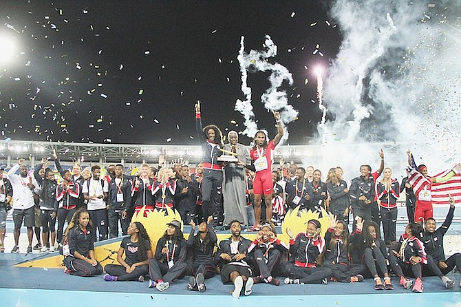 TEAM USA on the medal podium last night after successfully defending their title in the IAAF/BTC World Relays Bahamas 2015 at the Thomas A Robinson National Stadium.
Photo by Tim Clarke/Tribune Staff