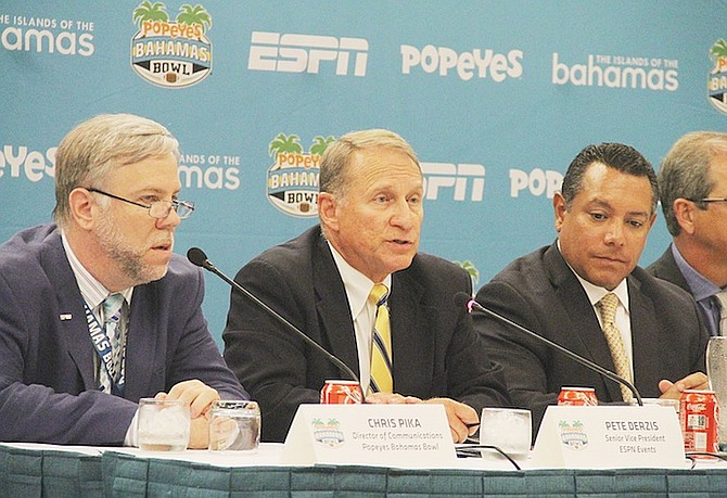 PETE DERZIS (centre), senior vice president and general manager of ESPN Events, at yesterday’s press conference.