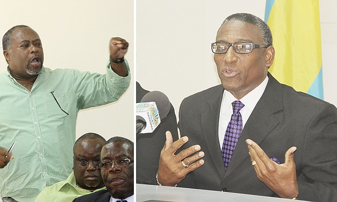 Minister of Agriculture V Alfred Gray, right, held a press conference on the Acklins Regatta, which was interrupted by Acklins Trade and Development Association chairman BJ Moss, left, who criticised the minister. 
Photos: Tim Clarke/Tribune Staff