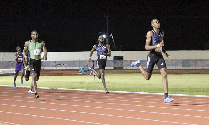 RISING STAR: Steven Gardiner, of Abaco, set a new national record in the 400 metres to highlight Saturday’s final day of competition at the Bahamas Association of Athletic Associations’ National Open Track and Field Championships. The tall 19-year-old, now known as the ‘Rubberband Man,” came from behind to clock a blistering 44.27 seconds and shatter the previous mark of 44.40 set by Chris ‘Fireman’ Brown on June 6, 2008.
                                                                                                                                                                                                                                                                 Photos by Tim Clarke/Tribune Staff

