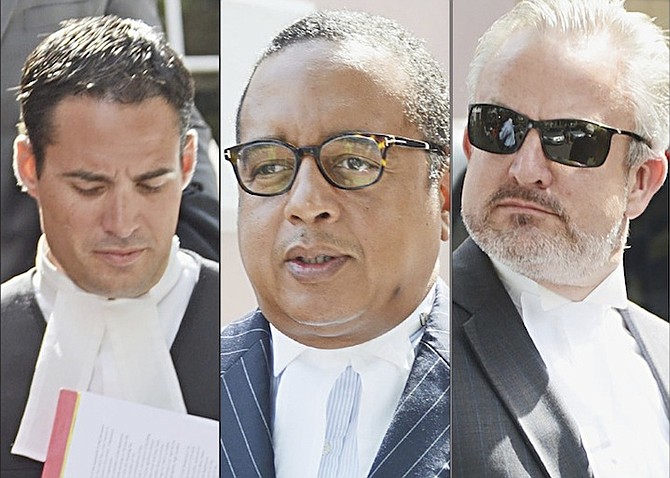 From left, Sean Moree, counsel for China Construction America Bahamas Ltd, Damian Gomez, Minister of State in the Ministry of Legal Affairs, and Roy Sweeting, counsel for Baha Mar, leaving court yesterday after the Supreme Court hearing. Photos: Shawn Hanna/Tribune Staff