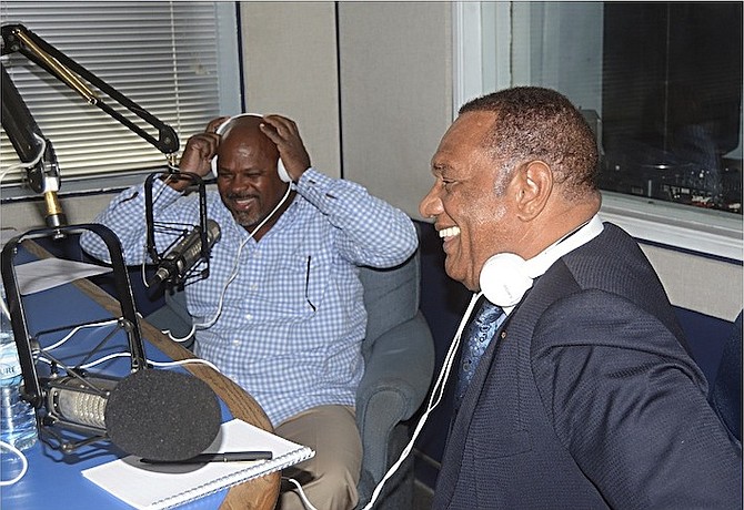 Ed Fields and Prime Minister Perry Christie, who was the first guest on the new Ed Fields live show yesterday. Photo: Shawn Hanna/Tribune Staff