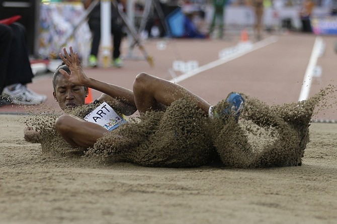 Bianca Stuart competes in the women's long jump final. (AP)