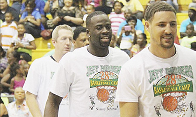 CELEBRITY ALL-STAR CLASSIC: The 28th Jeff Rodgers Summer Basketball Camp staged its annual “Fun Night” at the Kendal Isaacs Gymnasium, highlighted by its eagerly anticipated Celebrity All-Star Game. The game traditionally features the camp’s instructors squared off against the visiting NBA players and other entertainment personalities. The celebrity select squad was led by Klay Thompson and Draymond Green (shown) of the Golden State Warriors.