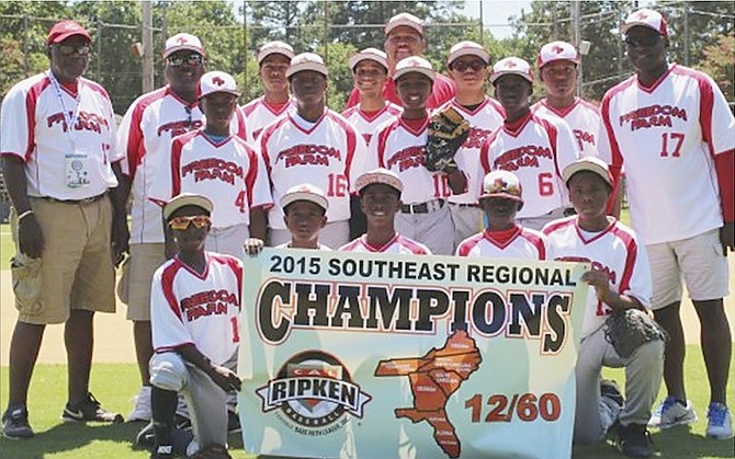 WE ARE THE CHAMPIONS: Freedom Farm capped an undefeated performance at the 2015 Southeast Regional 12 and Under Major/60 tournament with a 12-1 win over Kinston, North Carolina. They won by virtue of a walk-off home run to win via the 10-run mercy rule through four innings.
