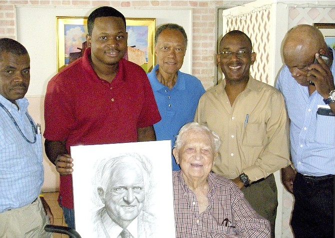 Pictured with the seated Sir Durward Knowles are, from left, Capt Eugene Munroe, Jamaal Rolle, Nelson George, Obi Pindling and Frederick Gray.