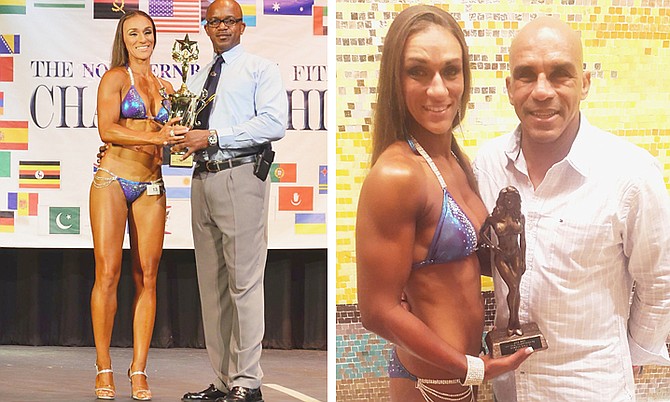 LEFT: Carina Ferguson won her category, Bikini Tall, and was named the overall Bikini Champion at the Northern Bahamas Bodybuilding and Fitness Championships. 
RIGHT: Carina Ferguson with her father, Tribune Media Group COO Ollie Ferguson
