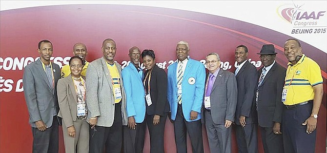 ‘GOLDEN GIRL’ Pauline Davis-Thompson (sixth from right) has been re-elected to serve as an individual member of the IAAF. Here, she can be seen with Bahamian participants at the IAAF Congress.