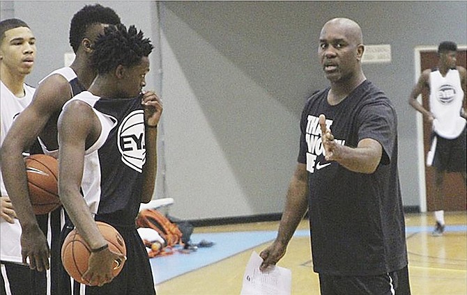 The Bahamas is hosting some of the best high school seniors and underclassmen in America at the Bahamas edition of the Nike Elite Youth Basketball League Camp. Here, Gary Payton (far right) directs the campers.                     Photo courtesy of 10thYearSeniors.com