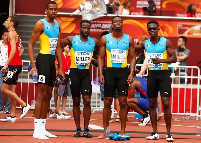 The men's 4 x 400m team of Steven Gardiner, Michael Mathieu, Alonzo Russell and Ramon Miller. @GETTY IMAGES