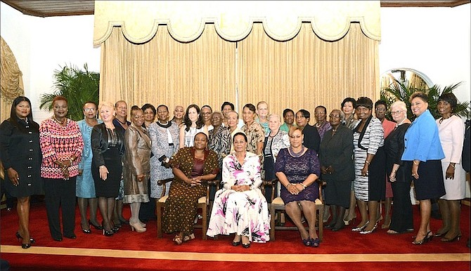 The honourees in the Women of Distinction Awards along with Nontombi Naomi Tutu, Race & Gender Justice Activist in South Africa, Dame Marguerite Pindling, Governor General and Hope Strachan, Minister of Financial Services, seated at front. Photo: Shawn Hanna/Tribune Staff