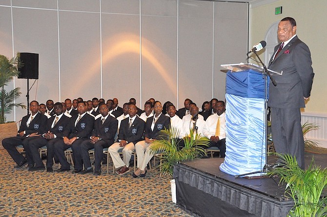 Prime Minister Perry Christie addresses graduates of Grand Bahama Shipyard’s Apprenticeship Programme.
Photo by Vandyke Hepburn/BIS

