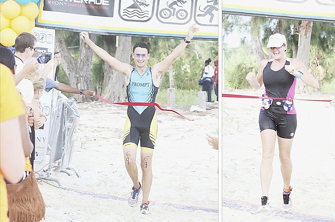 Nationally renowned triathlete Simon Lowe was the men’s overall winner while Julie Salas finished first among the women at the 2015 Powerade Potcakeman Triathlon at Jaws Beach, Clifton Heritage Park, on Saturday.                                                                                                 Photos: Tim Clarke/Tribune Staff