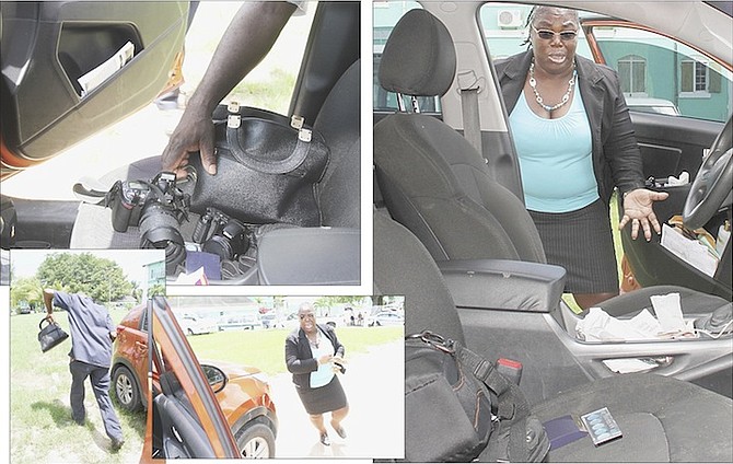 AN open door, and valuables left on the seat, left, is all the invitation needed for a thief to make off with the belongings in this demonstration by police. By the time the owner comes running, below, she’s left facing an empty seat and her valuables gone. 

Photos: Tim Clarke/Tribune Staff