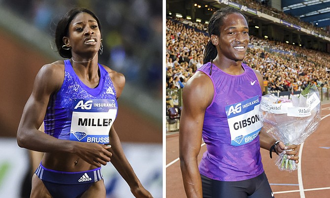 Shaunae Miller and Jeffery Gibson at the Diamond League Memorial Van Damme athletics event on Friday. (AP)