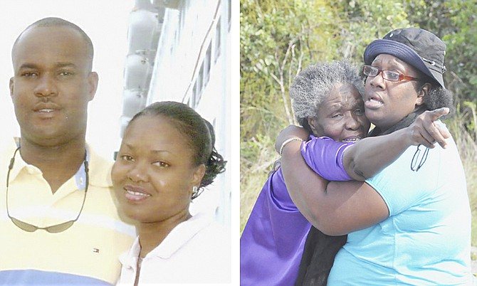 LEFT: Murder victims Barry and Sheila Johnson. RIGHT: The mother of Sheila Johnson is consoled yesterday. 