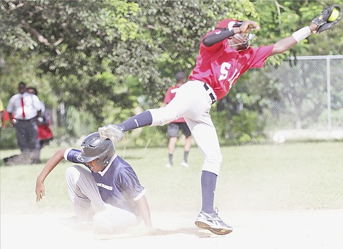 CONTACT: The St Andrew’s Hurricanes’ junior boys started the Bahamas Association of Independent Secondary Schools (BAISS) 2015 softball season the same way they did a year ago. At St Augustine’s College yesterday, the Hurricanes pulled off another 17-9 victory over the Big Red Machine.                     
Photo by Tim Clarke/Tribune Staff     