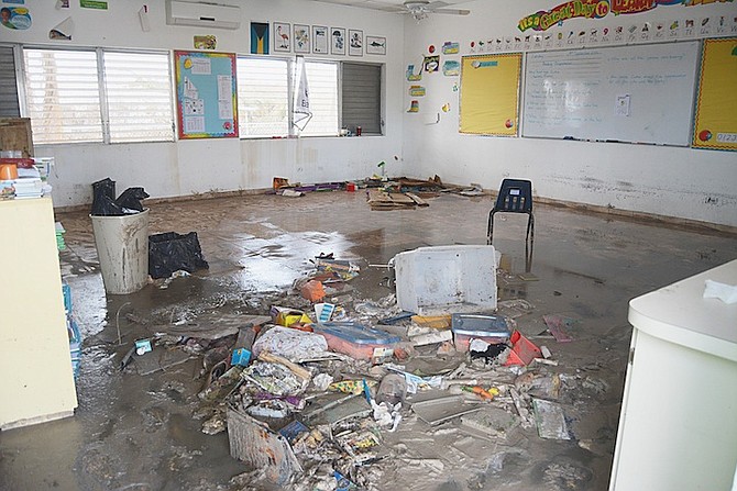 The inside state of a classroom at Mangrove Bush Primary School on Long Island yesterday after Hurricane Joaquin. Photo: Shawn Hanna/Tribune Staff