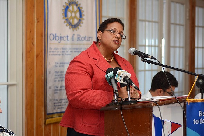 Long Island MP Loretta Butler-Turner speaking on hurricane relief to the Rotary Club of East Nassau at Nassau Yacht Club. Photo Shawn Hanna