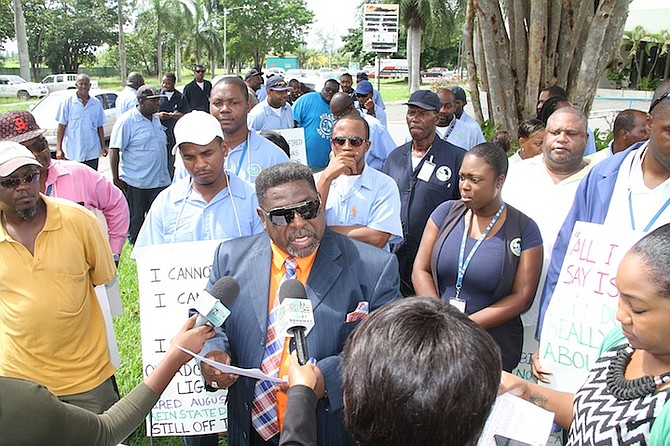 President of the Bahamas Water and Sewerage Union Dywane Woods speaks to the media yesterday.
Photos: Tim Clarke/Tribune Staff