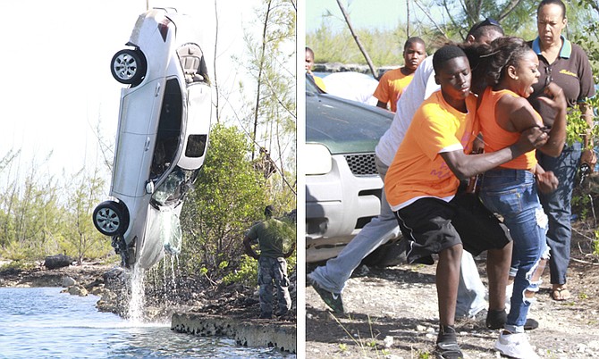 LEFT: The car found with a body in its trunk is lifted from the Sea Breeze Canal. 
RIGHT: A distraught relative at the scene of Saturday’s discovery.