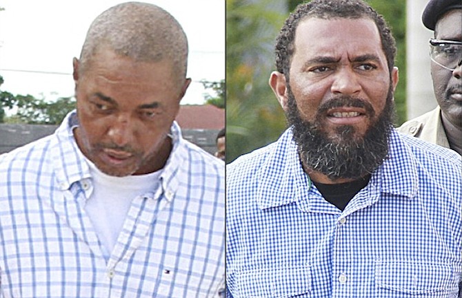 Dwayne Henderson, 46, left, and Carl Spencer, 40, right, outside court yesterday where they faced charges relating to the seizure of more than 2,000 pounds of marijuana in South Andros last month. 
