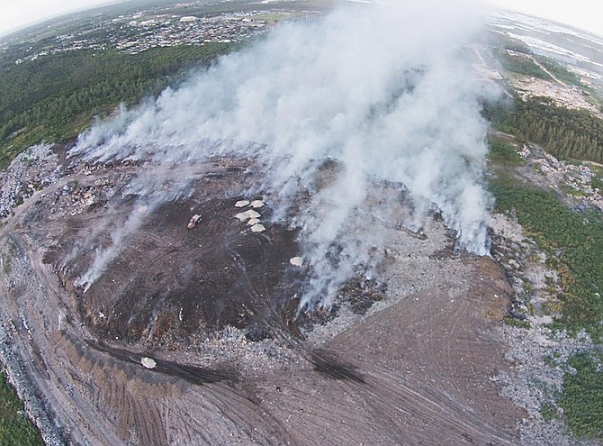 An aerial photograph provided by Renew Bahamas showing a fire at the dump