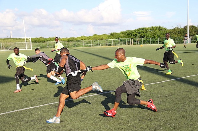 Team Vitamalt from the Bahamas in action on their way to winning the Cayman Islands Flag Football Association’s Invitational I-Cup tournament. Photo: 10thyearseniors.com