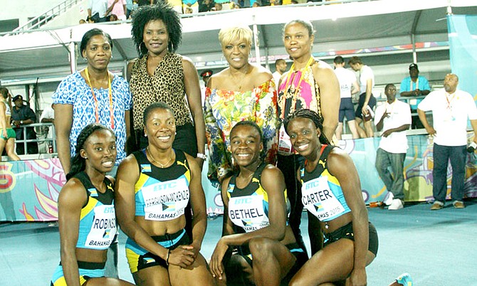 Standing (l-r) are ‘Golden Girls’ Sevatheda Fynes, Pauline Davis-Thompson, Eldece Clarke and Chandra Sturrup. Kneeling (l-r) are V’Alonée Robinson, Debbie Ferguson-McKenzie, Brianne Bethel and Tayla Carter during the 2nd IAAF/BTC World Relays at the Thomas A Robinson National Stadium in May.
Photo: Raymond A Bethel Sr/BIS 