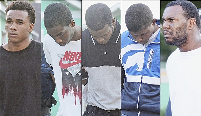 Pictured from left, Delanzo Cartwright Jr, 19, of Carmichael Road; Devonte Burnside, 18, of Pinewood Gardens; Rashad Laroda, 25, of Pinewood Gardens; Deron Neely, 27, of Avocado Street; and Delanzo Cartwright Sr, 37, of Nassau East. The men are accused of being gang members. 