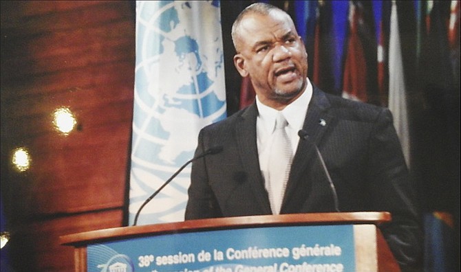 Education Minister Jerome Fitzgerald addressing the 38th UNESCO general conference. 