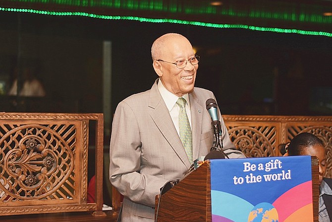 Sir Arthur Foulkes, Former Governor General of the Bahamas pictured speaking to the members of Rotary Club of South East Nassau. Photo: Shawn Hanna/Tribune Staff