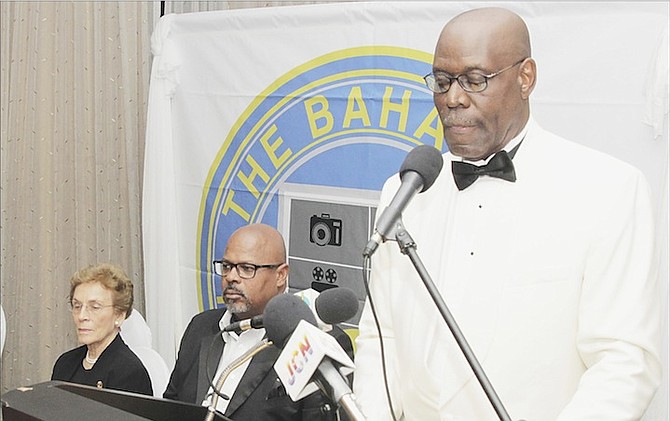 Anthony Newbold, President of the Bahamas Press Club, delivers his welcome address on Saturday night at the British Colonial Hilton.
Photos/Derek Smith/BIS