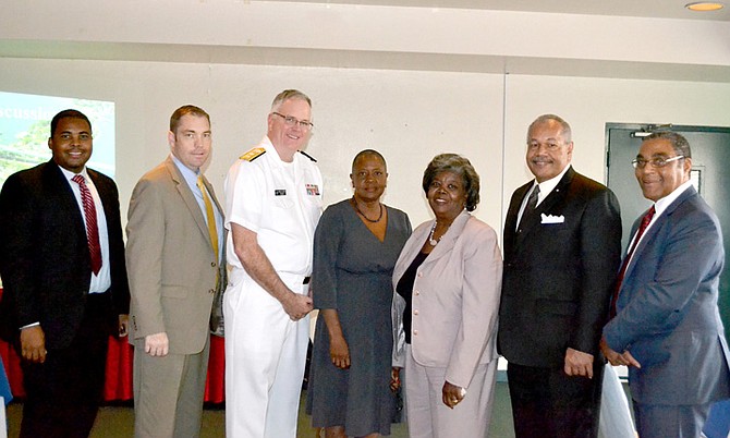 THE College of The Bahamas and SUNY Maritime College are establishing a stronger working relationship that will allow students from COB’s maritime programme to take courses at the New York campus that would count toward their major studies. Pictured at sa special lunch at Choices Dining Room are (from left) Dr Carlton Watson, Dean, Faculty of Pure and Applied Sciences, COB; a representative from SUNY Maritime College; Dr Michael Alfultis, President of SUNY Maritime College; Remelda Moxey, Dean, Faculty of Business (Acting), COB; Dr Brendamae Cleare, President of the Lowell J Mortimer (LJM) Maritime Academy; Dr Rodney D. Smith, COB President; and Anthony Kikivarakis, Chairman of the Bahamas Maritime Authority and Chairman and CEO of Kikivarakis & Co.