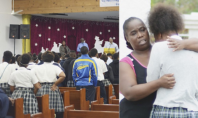 LEFT: Students from Doris Johnson Senior High School attending a special service at Grace Community Church to remember the student who was stabbed to death.
RIGHT: A student is comforted.