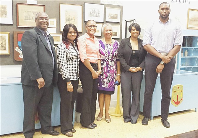 Young Bahamian researchers attached to the AMMC - Nameiko Miller, Maressa Hanna, Caprice Johnson and Taige Adderley - present their 2016 findings to Bahamas Historical Society, with Dr Keith Tinker, Director at AMMC (left), and Andrea Major, President of the Bahamas Historical Society.

