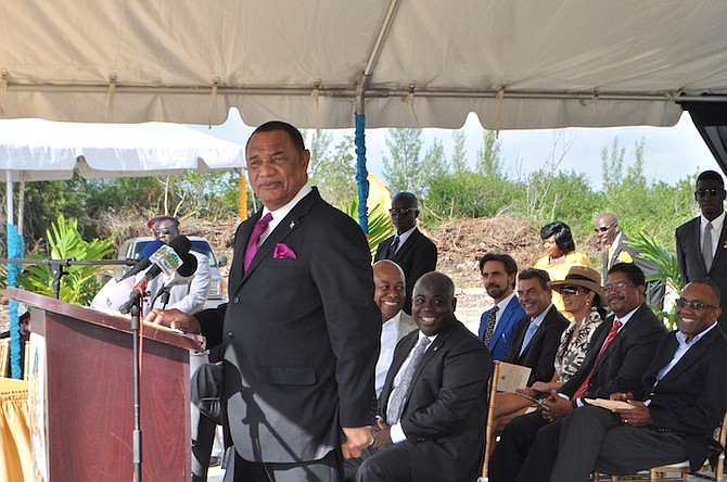 Prime Minister Perry Christie speaks at the signing of a $6.5m contract for the construction of a new Fishing Hole Causeway on Friday. Photo: Vandyke Hepburn/BIS
