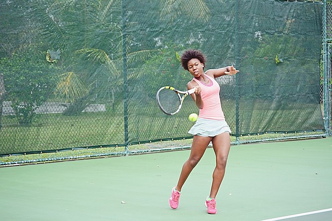 ON FORM: Iesha Shepherd in action during the Bahamas Lawn Tennis Association’s Giorgio Baldacci tennis tournament at the National Tennis Centre over the weekend.
Photo by Shawn Hanna/Tribune Staff
