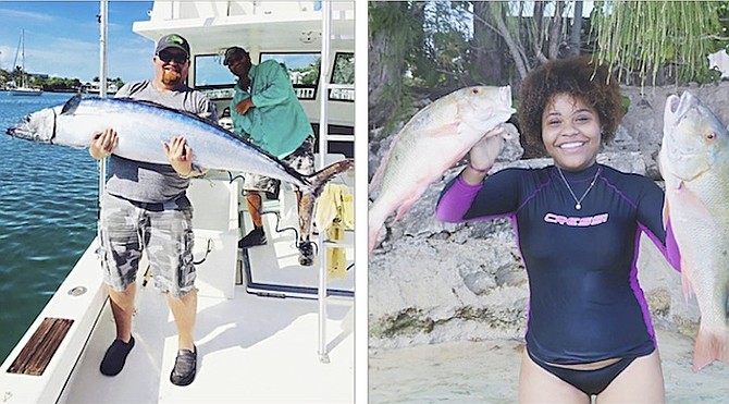 LEFT: Local Boy Charters in Abaco with a 84lb Wahoo.
RIGHT: Local girl Sophie Taylor showing off the Snapper she speared near Nassau.