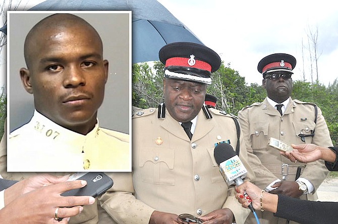 An emotional Emrick Seymour, Senior Assistant Commissioner of Police, speaks to the media at the scene where Cpl Munnings’ (inset) body was found. Photo: Vandyke Hepburn/BIS
