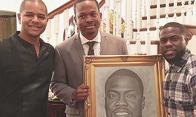 Sebas Bastian, CEO of Island Luck, Jamaal Rolle and Kevin Hart with the specially commissioned portrait of the American actor and comedian.
