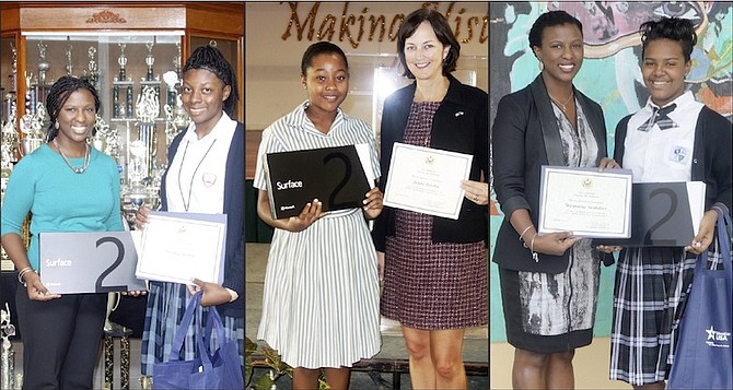 LEFT: Acting Deputy Chief of Mission Neda Brown presents Tiffany Hanna, 11th grade student at St Augustine’s College with her first place prize.
CENTRE: US Chargé d’Affaires Lisa Johnson presents 10th grade student at Queen’s College Jayda Ritchie with her first place prize, a Microsoft Surface tablet.
RIGHT: Acting Deputy Chief of Mission Neda Brown presents Waynisha Saunders, 10th grade student at CV Bethel High School with her first place prize.