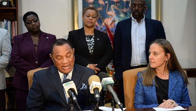 Prime Minister Perry Christie and Dona Bertarelli, developer of the $200m project.
Photo: Shawn Hanna