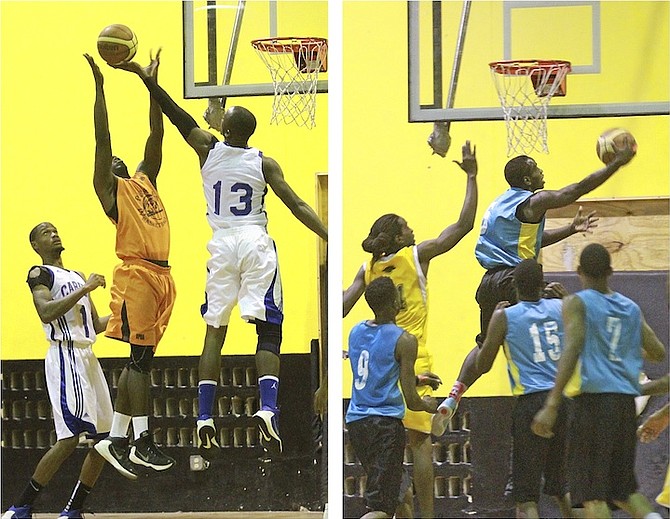 LEFT: The Caribs (in white) against the Pirates.  RIGHT: The Stingers take on the Elites.	
Photos: Tim Clarke/Tribune staff