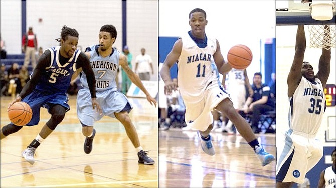 FROM LEFT: Marako Lundy, Tenerro Ferguson and Delroy Grandison in action for the Niagara College Knights. 
Photos: Niagra Athletics 