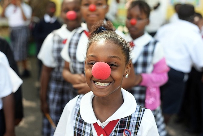Students at Sandilands Primary School dressed in red noses for Red Nose Day. 
Photo: Shawn Hanna