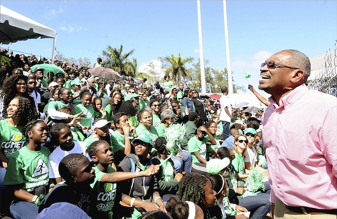 Follow My Lead: Dr Hubert Minnis, leader of the Free National Movement, engaged the young crowd at the Bahamas Association of Independent Secondary Schools annual track and field championships at the Thomas A Robinson stadium earlier this month. Photo/Yontalay Bowe/FNM