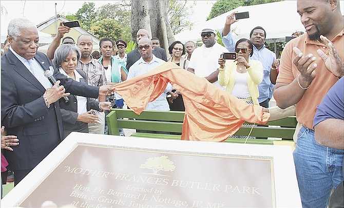 Minister of Natonal Security Dr Bernard Nottage re-dedicates a park in honour of “Mother” Frances Butler.
Photos: Tim Clarke/Tribune Staff