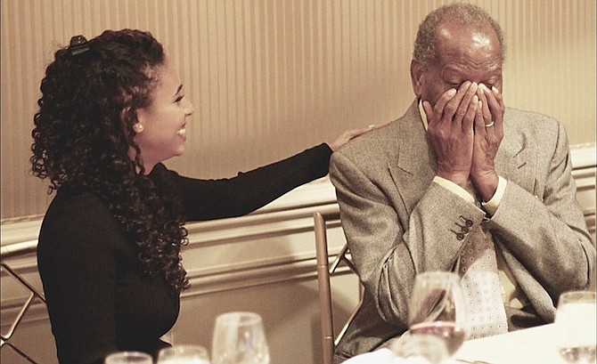 Acting legend Sir Sidney Poitier wipes tears from his eyes after being serenaded by Bahamian singer Angelique Sabrina at an event to mark his lifetime Bafta award. She sang the theme tune from To Sir With Love, which starred the Cat Island native and acting superstar.